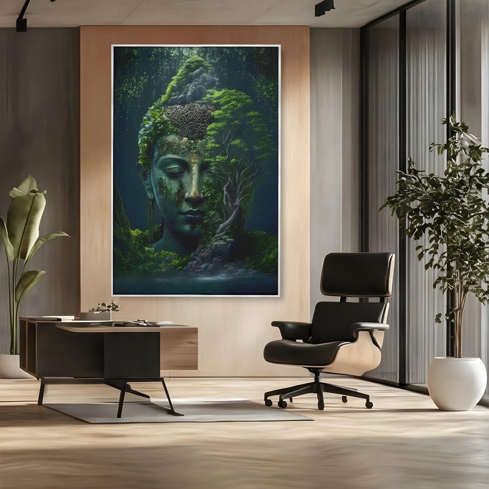 Tablou canvas cu tablou canvas cu cap de buddha imbracat in vegetatie, in rama de aluminiu argintiu, pe perete intr-un birou